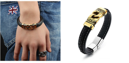 Mayan Style Rope Leather Bangles Mens Gold Plated Stainless Steel 