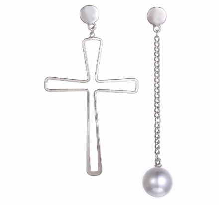 Personality Asymmetry Silver Plated Alloy Drop Earrings Cross Imitation Pearls Dangle Chain Earrings Women Jewelry