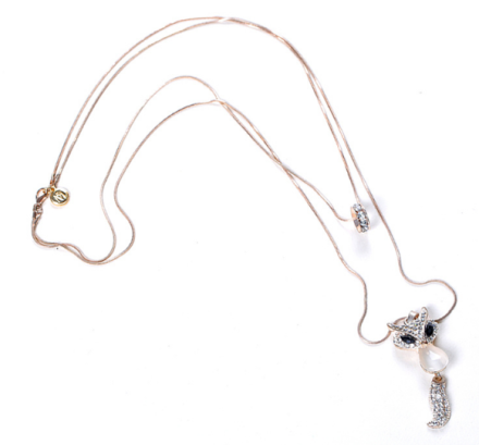 Cute Small Fox Design Pendant Necklaces Womens Double Layers Rhinestones Round