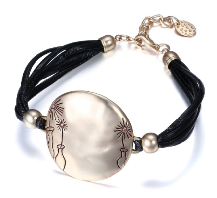 Simple Multilayers Black Rope Bracelets Womens Round Alloy Pendant With Flowers