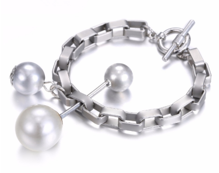 Minimalist Silver Plated Alloy Chain Bracelets Womens Imitation Pearls Hanging 