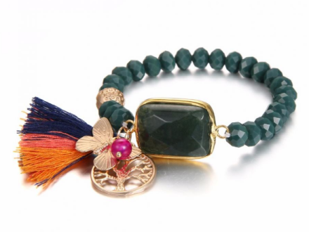 Bohemian Dark Green Imitation Crystal Beads Strand Bracelets Womens Big Green Stone