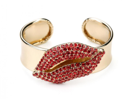 Luxury Shiny Rhinestones Inlay Lip Design Open Cuff Bangles Womens Gold