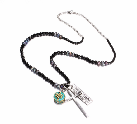 Classical Black Beads Long Necklaces Womens Alloy Cross&Chinese 