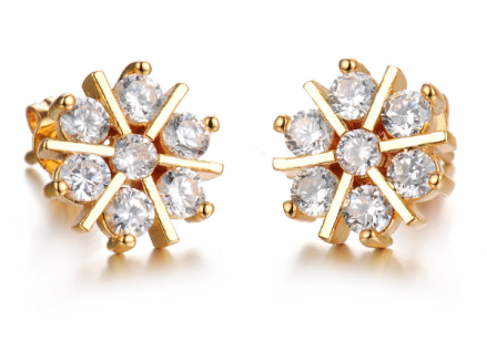 Romantic Snowflake Design Stud Earrings Gold Plated Cubic